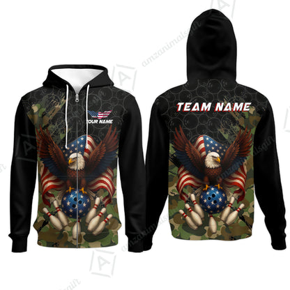 Custom Bowling Jersey Polo Shirt, Forest Camo Patriotic Bowling, Custom Bowling Jersey Team Shirt For Players With Name & Team Name