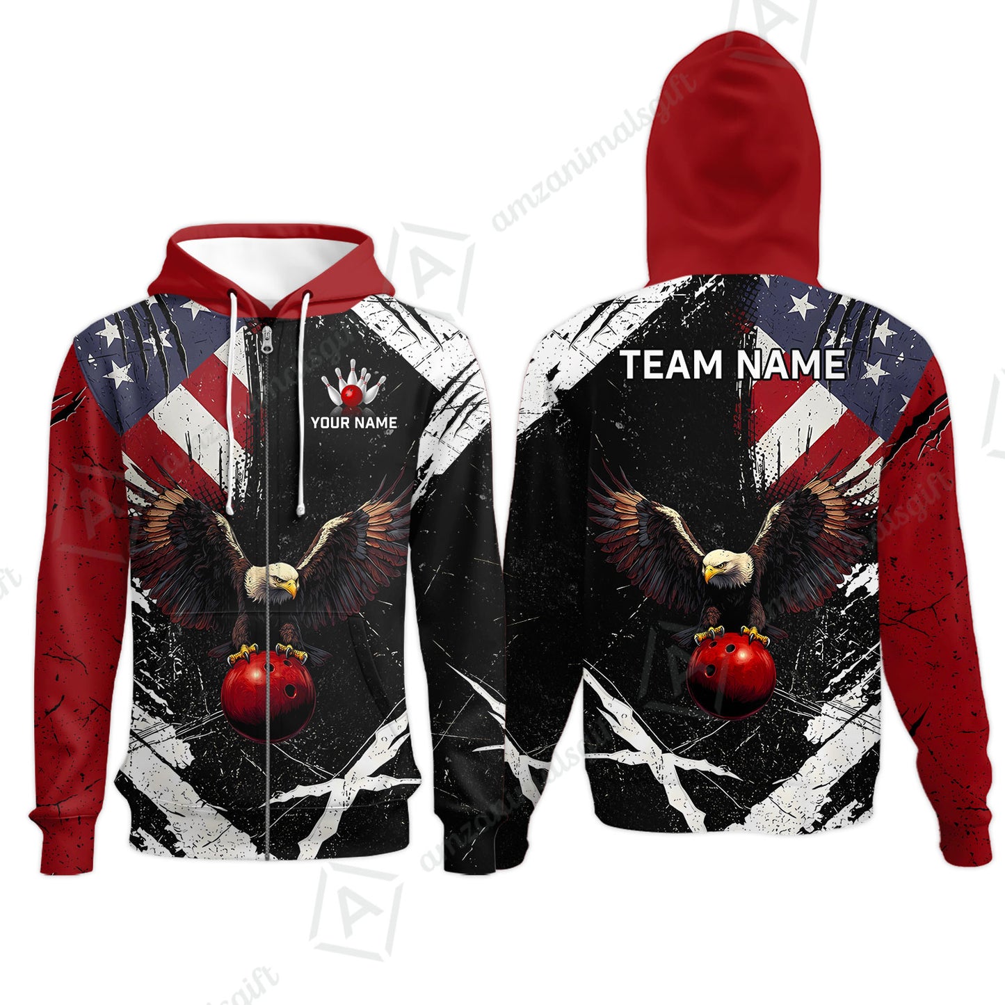 Custom Bowling Jersey Polo Shirt, Patriotic Bald Eagle Distressed American Flag Grunge, Custom Bowling Jersey Team Shirt For Players With Name & Team Name