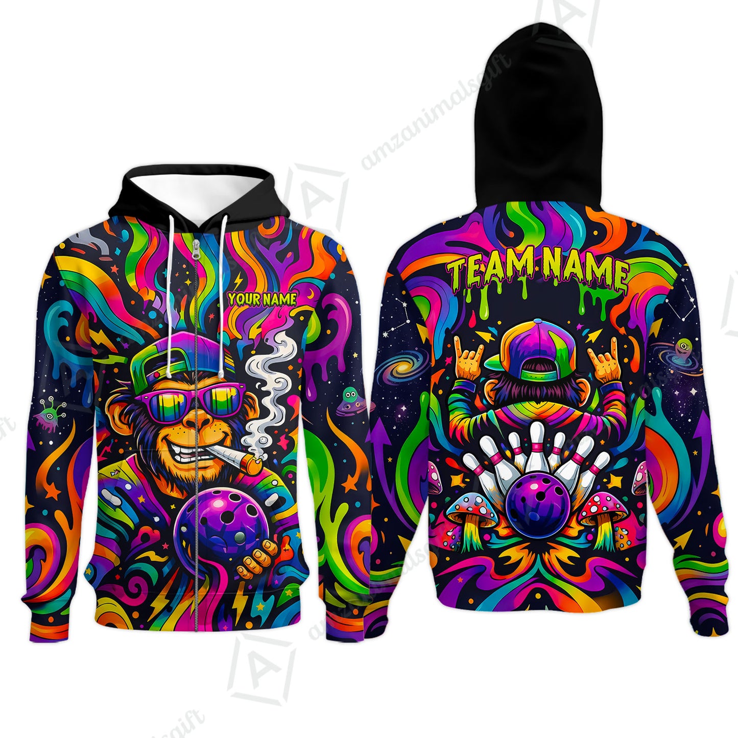 Custom Bowling Jersey Polo Shirt, Psychedelic Trippy Smoking Chimp, Custom Bowling Jersey Team Shirt For Players With Name and Team Name