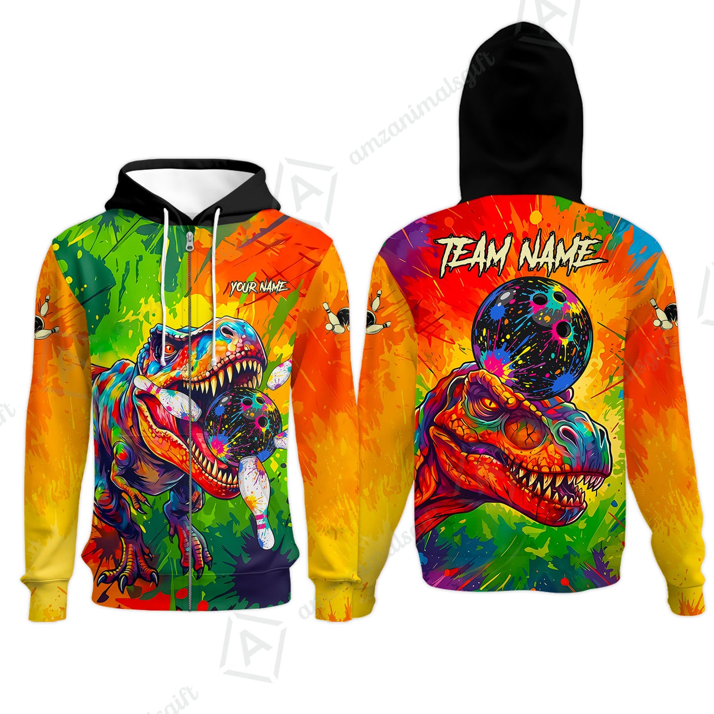 Custom Bowling Jersey Polo Shirt, Colorful Splatter T-Rex Dino, Custom Bowling Jersey Team Shirt For Players With Name and Team Name