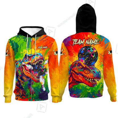 Custom Bowling Jersey Polo Shirt, Colorful Splatter T-Rex Dino, Custom Bowling Jersey Team Shirt For Players With Name and Team Name