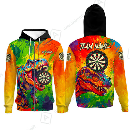 Custom Darts Jersey Polo Shirt, Colorful Splatter T-Rex Dino, Custom Dart Jersey Team Shirt For Players With Name & Team Name