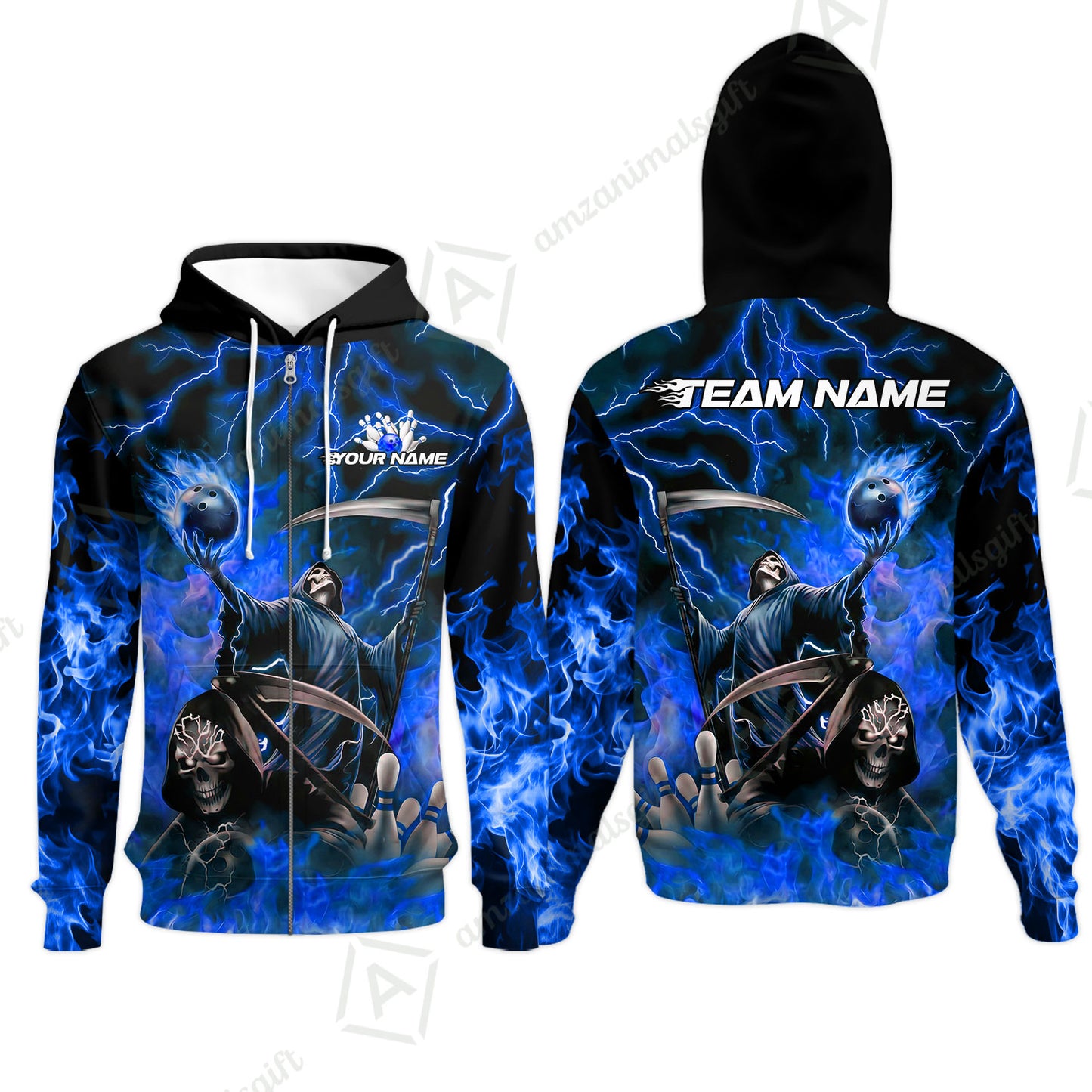 Custom Bowling Team Quarter-Zip Polo Shirt, Grim Reaper Skull With Flame Bowling Lightning Design for Bowlers, Personalized Shirt with Name and Team Name