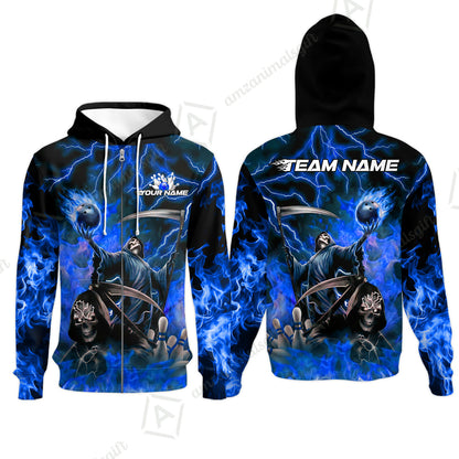 Custom Bowling Team Quarter-Zip Polo Shirt, Grim Reaper Skull With Flame Bowling Lightning Design for Bowlers, Personalized Shirt with Name and Team Name