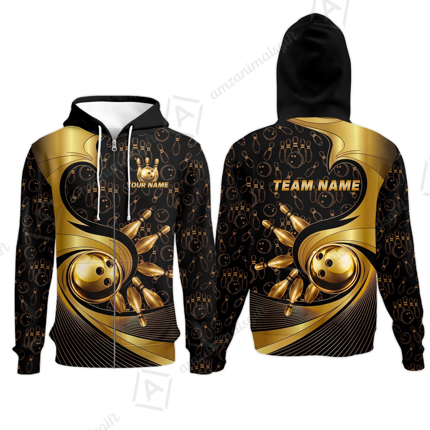 Custom Bowling Jersey Polo Shirt, Bowling Gold Swirling Pattern, Personalize Name and Team Name