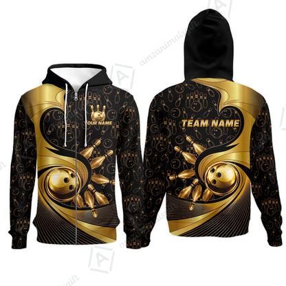 Custom Bowling Jersey Polo Shirt, Bowling Gold Swirling Pattern, Personalize Name and Team Name