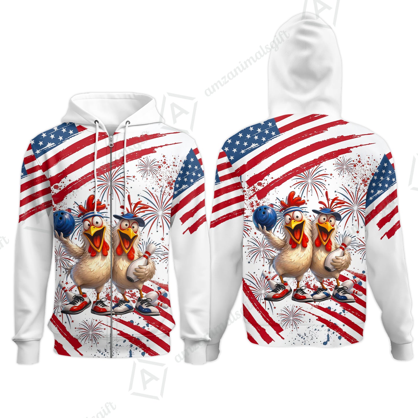 Custom Bowling Jersey Polo Shirt, Funny Patriotic USA Chicken Fireworks, Custom Bowling Jersey Team Shirt For Players With Name & Team Name