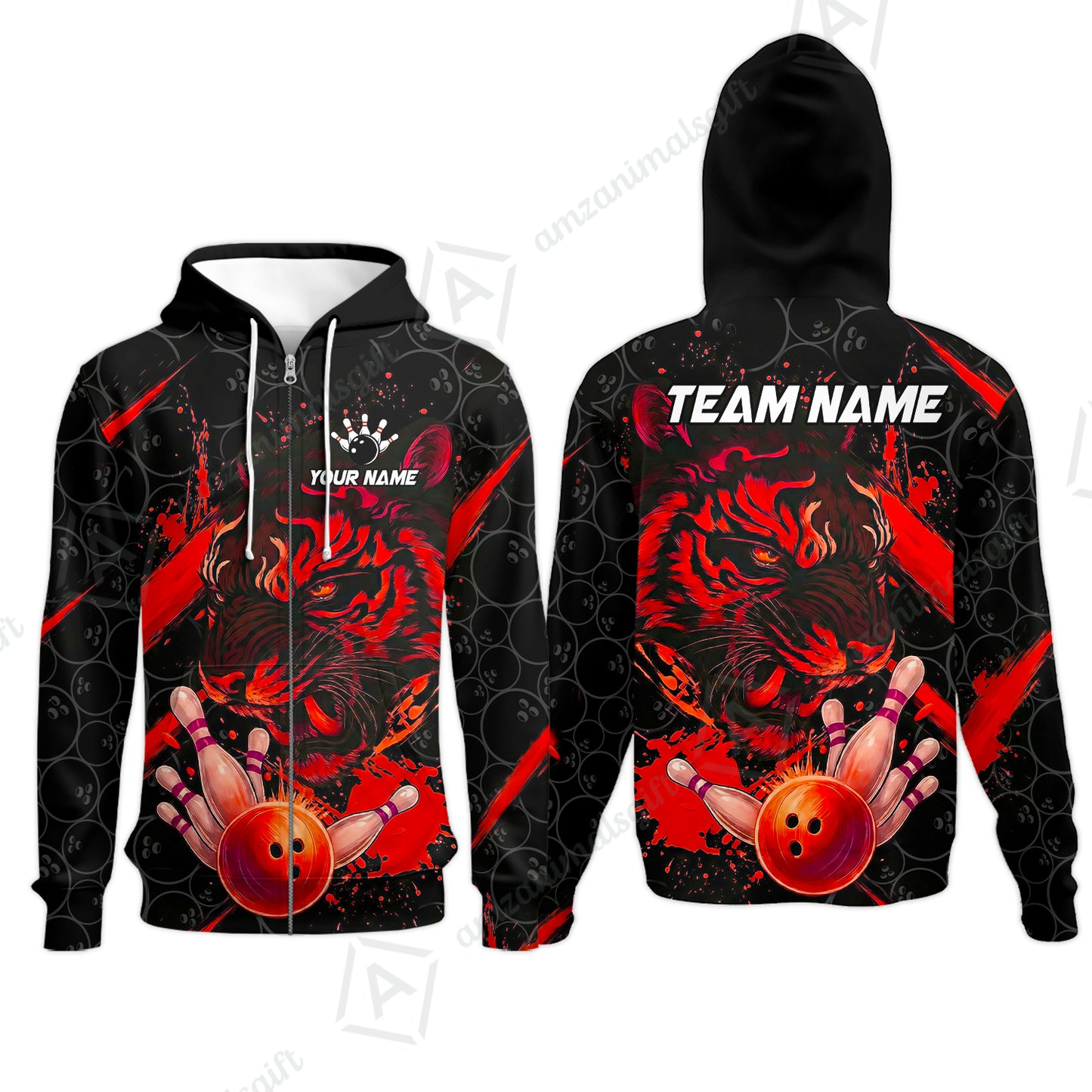 Customized Bowling Unisex Polo Shirt, Tiger Ball Striking Pins, Bowling Uniforms, Personalized Name And Team Name