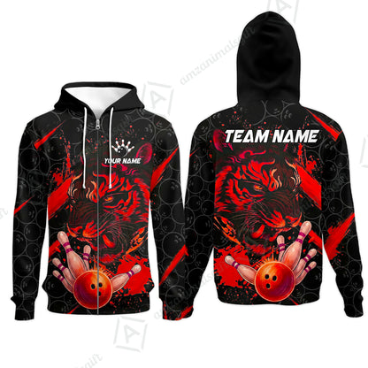 Customized Bowling Unisex Polo Shirt, Tiger Ball Striking Pins, Bowling Uniforms, Personalized Name And Team Name