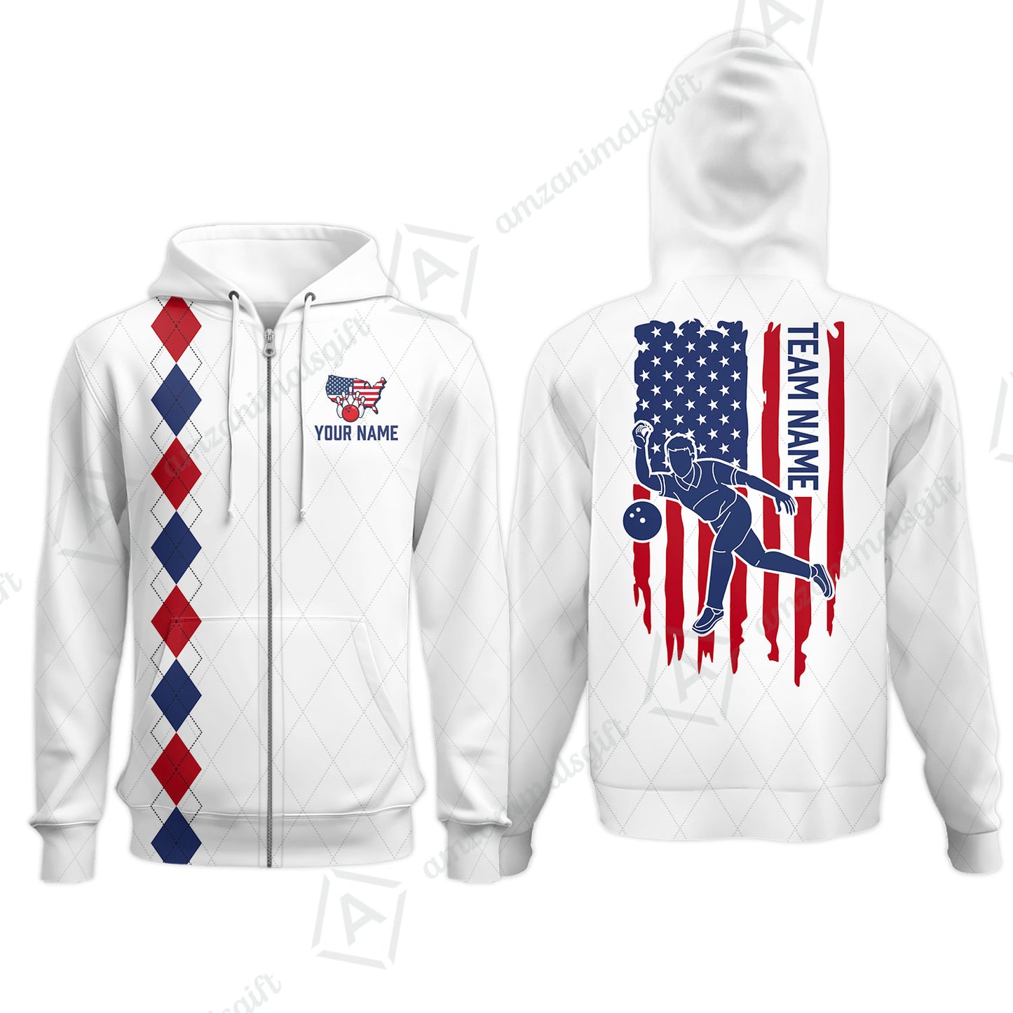 Custom Bowling Jersey Polo Shirt, Patriotic Argyle USA Flag Bowler, Custom Bowling Jersey Team Shirt For Players With Name & Team Name