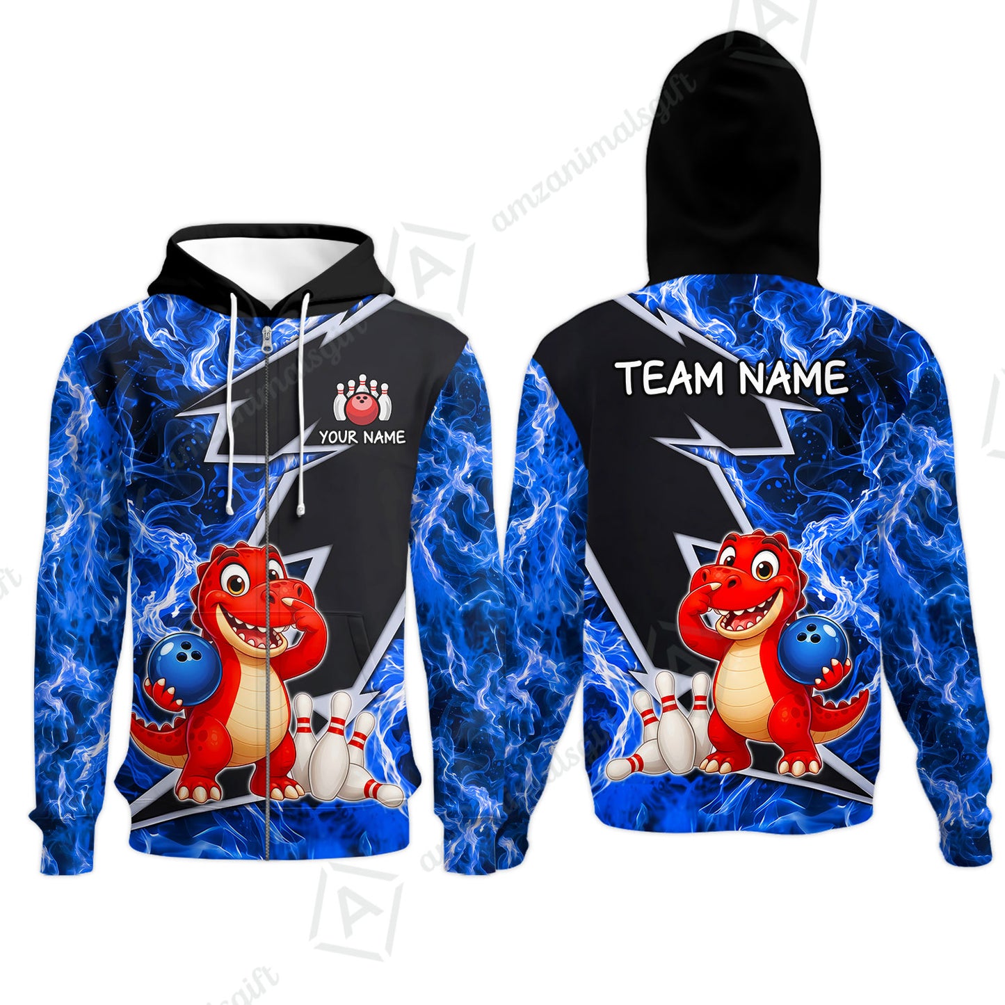 Custom Bowling Jersey Polo Shirt, Fire Lightning Dino Strike, Custom Bowling Jersey Team Shirt For Players With Name and Team Name