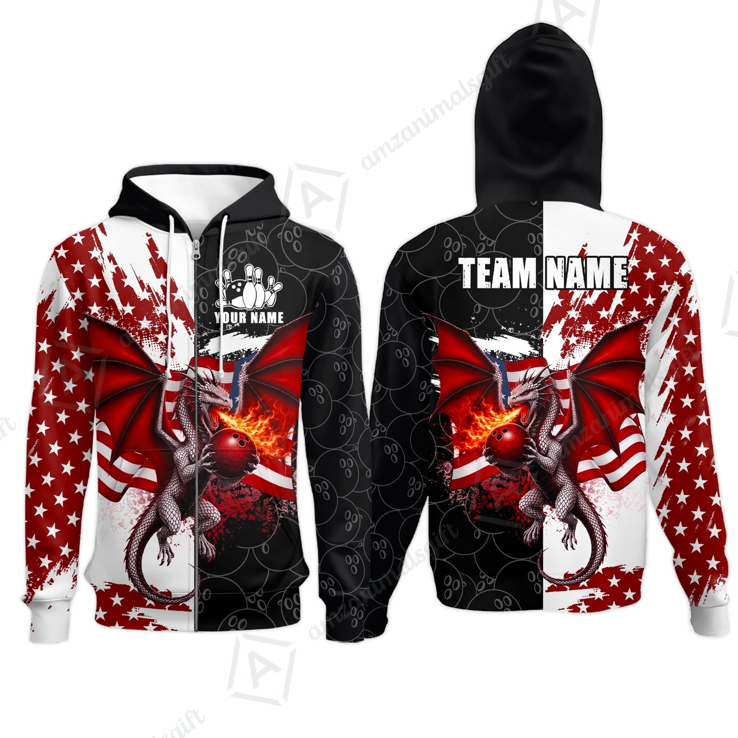 Custom Bowling Jersey Polo Shirt, Patriotic Fire Dragon Split Contrast, Custom Bowling Jersey Team Shirt For Players With Name and Team Name