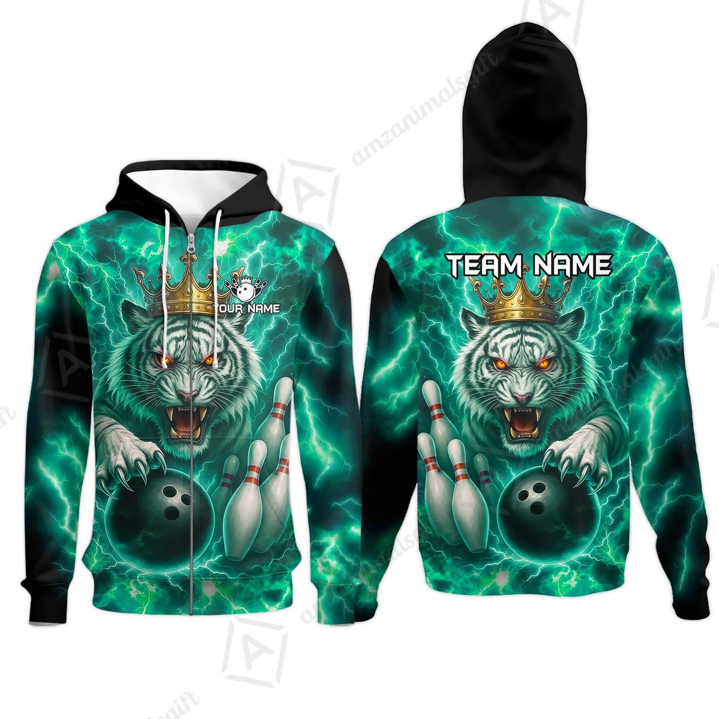 Custom Bowling Team Quarter-Zip Polo Shirt, Bowling White Tiger Lighting Shirt, Personalized Team Shirt with Custom Name