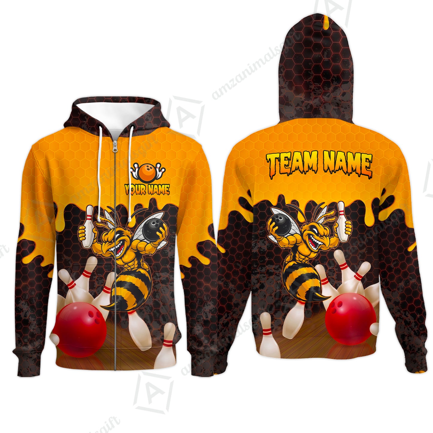 Custom Bowling Jersey Polo Shirt, Aggressive Hornet Honeycomb Drip, Custom Bowling Jersey Team Shirt For Players With Name and Team Name