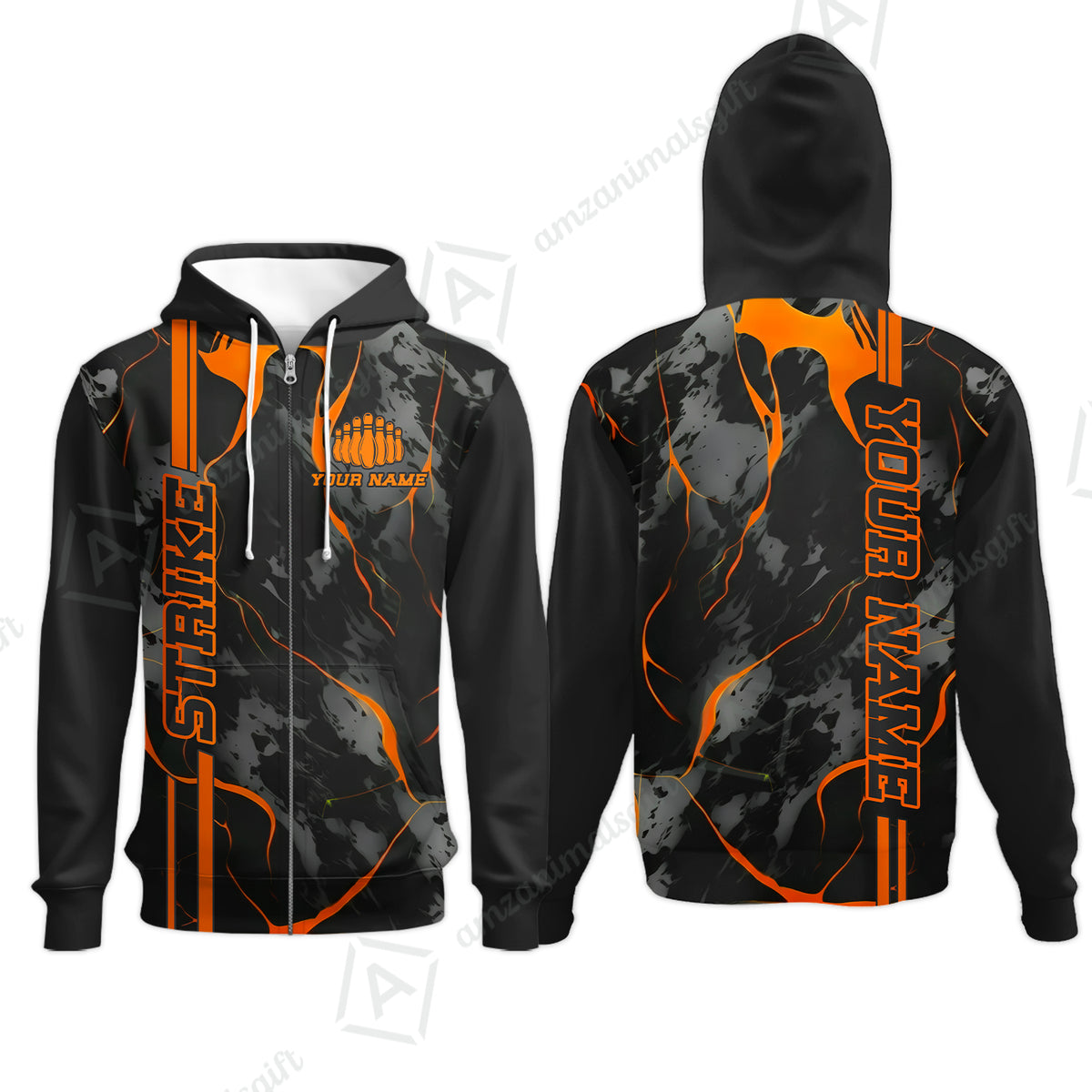Custom Orange Strike, Bowling Shirts Men Polo Orange Camo, Bowling Team Jerseys