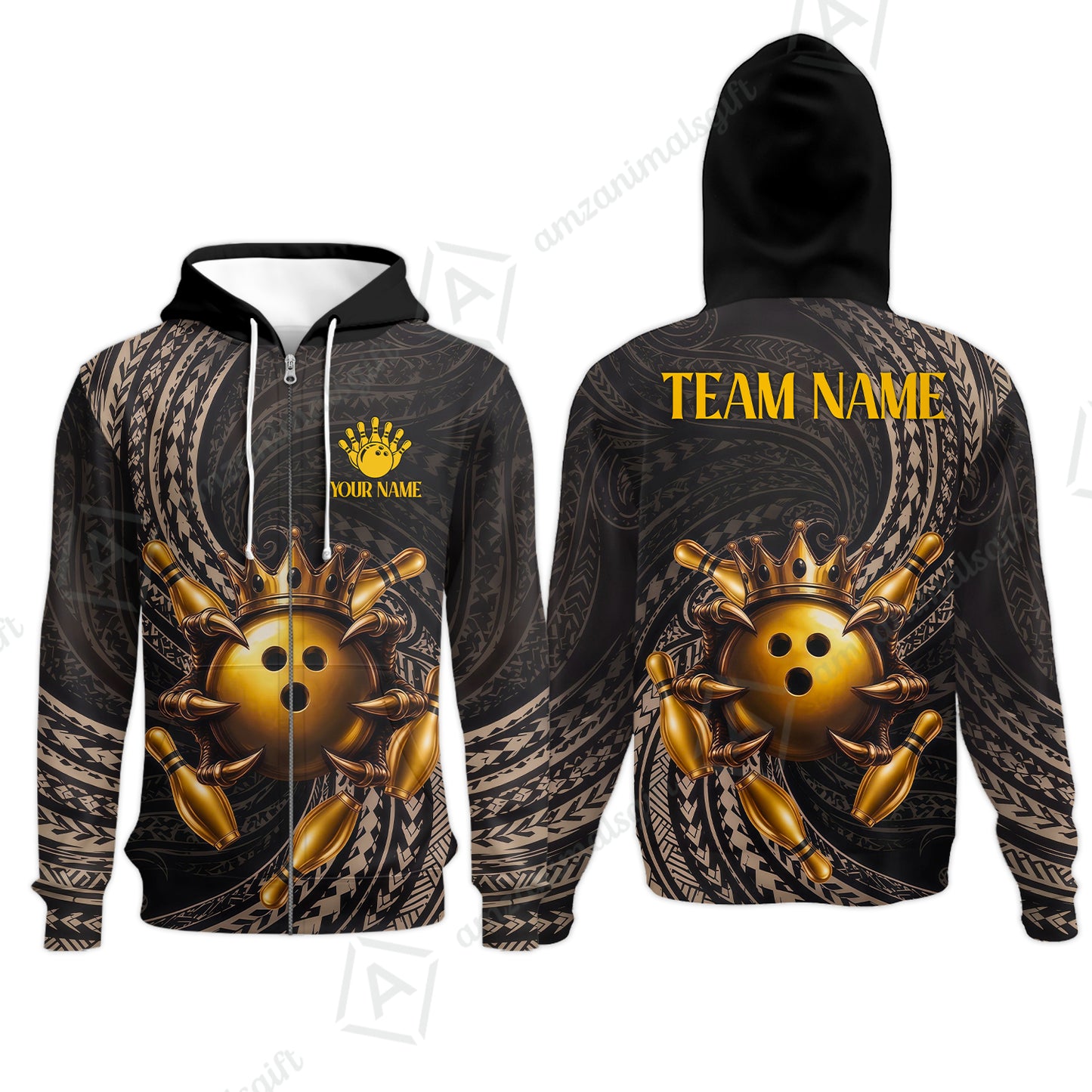 Custom Bowling Jersey Polo Shirt, Maori Tattoo Bowling Crown Gold Color, Custom Bowling Jersey Team Shirt For Players With Name and Team Name