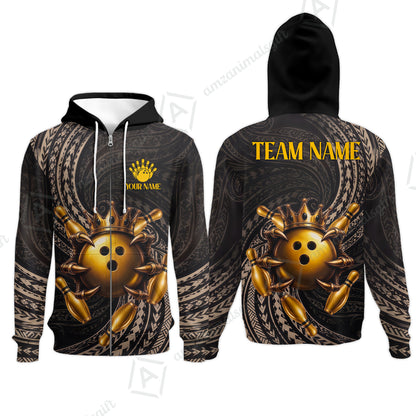 Custom Bowling Jersey Polo Shirt, Maori Tattoo Bowling Crown Gold Color, Custom Bowling Jersey Team Shirt For Players With Name and Team Name
