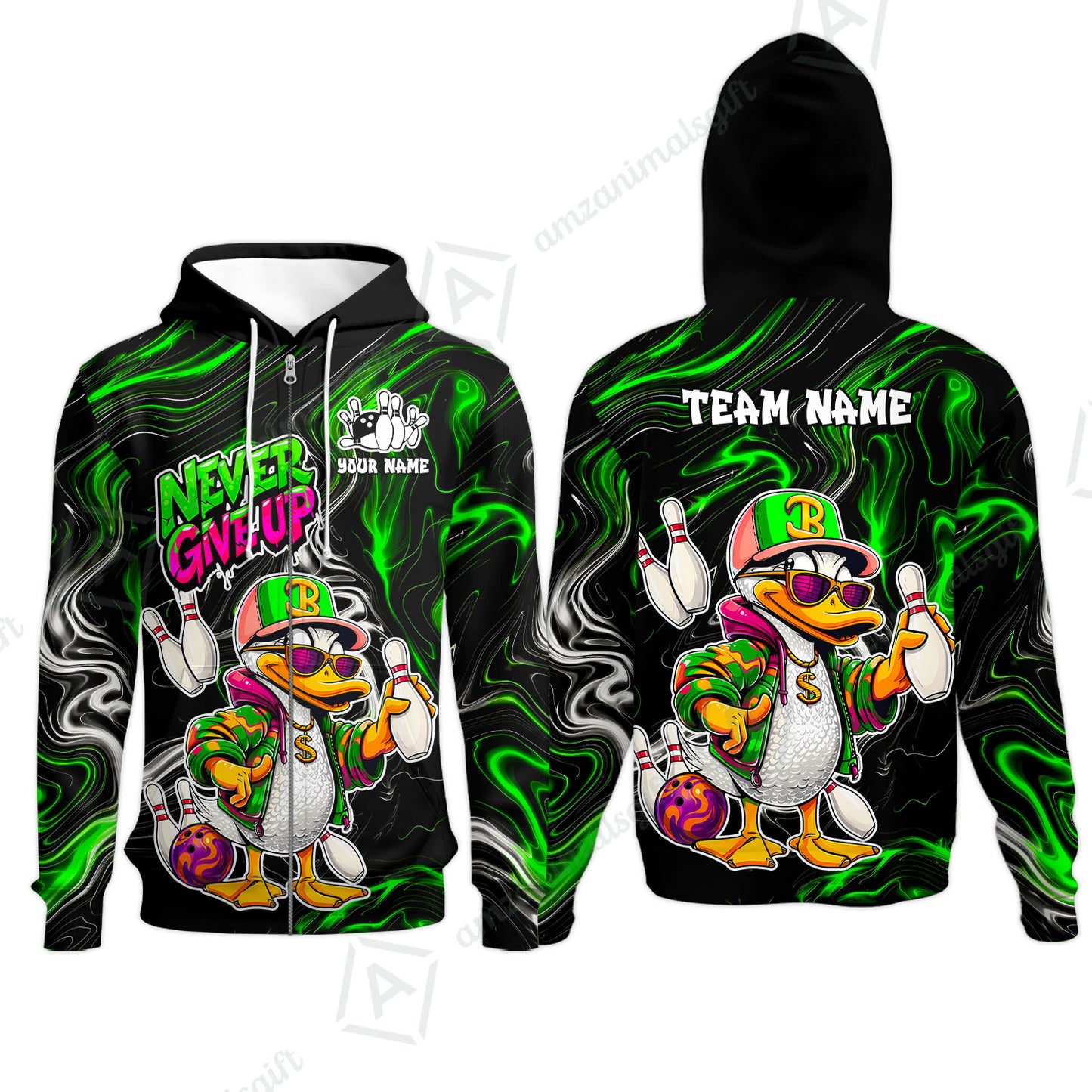Custom Bowling Jersey Polo Shirt, Duck Never Give Up, Custom Bowling Jersey Team Shirt For Players With Name & Team Name