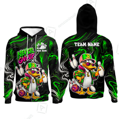 Custom Bowling Jersey Polo Shirt, Duck Never Give Up, Custom Bowling Jersey Team Shirt For Players With Name & Team Name