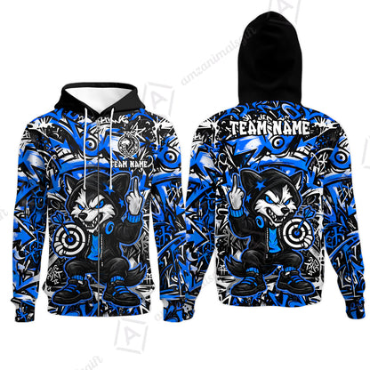 Customized Darts Team Uniform Shirt, Cool Cartoon Wolf With Dartboard, Personalized Name And Team Name