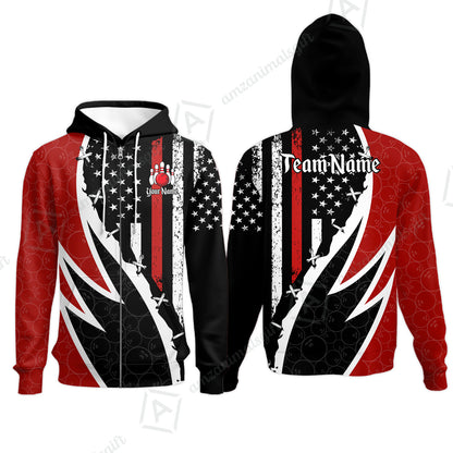 Custom Bowling Jersey Polo Shirt, Thin Red Line With Vintage Distressed American Flag, Personalize Name and Team Name