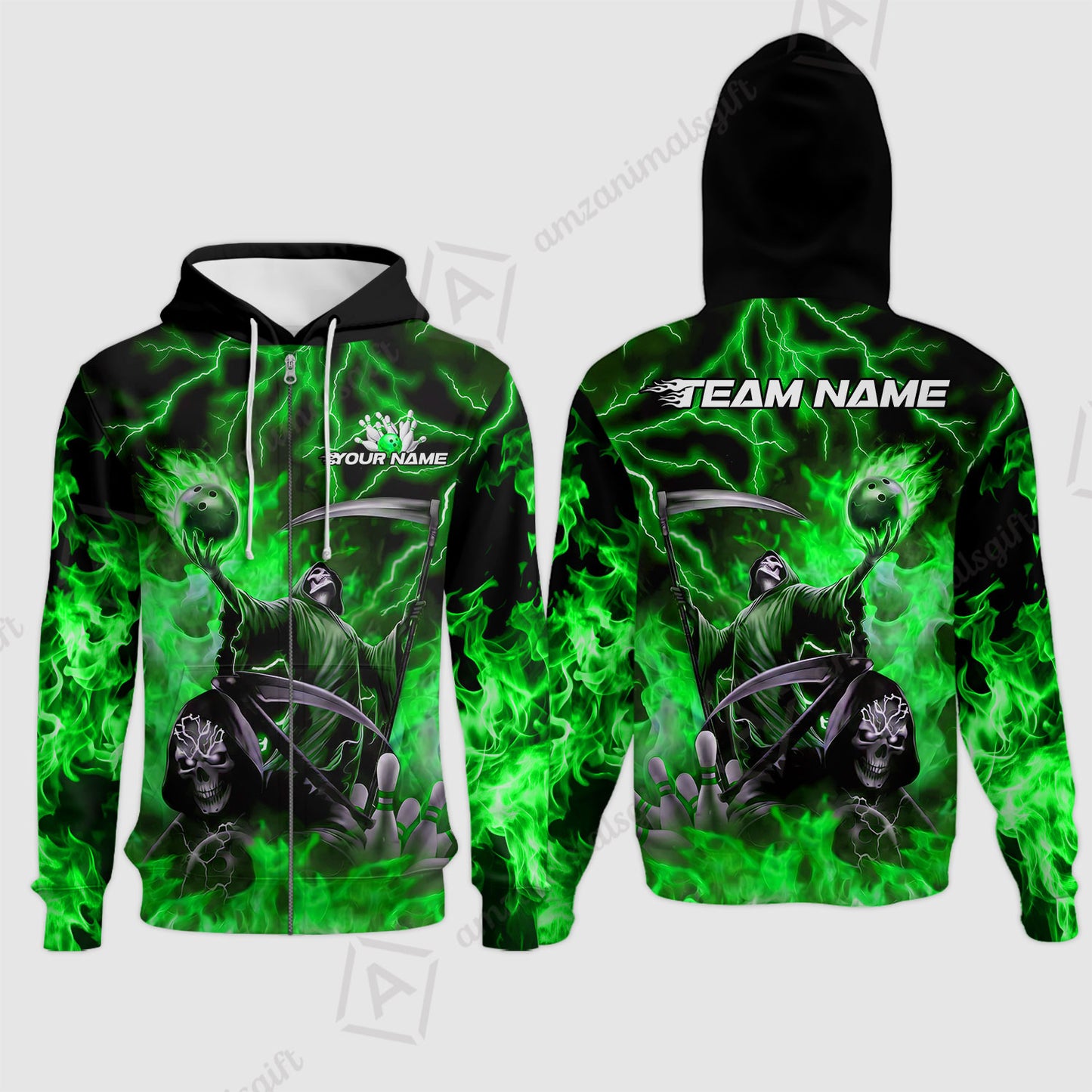 Custom Bowling Team Quarter-Zip Polo Shirt, Grim Reaper Skull With Flame Bowling Lightning Design for Bowlers, Personalized Shirt with Name and Team Name