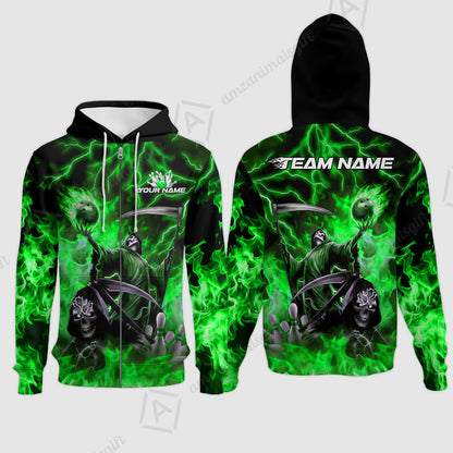 Custom Bowling Team Quarter-Zip Polo Shirt, Grim Reaper Skull With Flame Bowling Lightning Design for Bowlers, Personalized Shirt with Name and Team Name