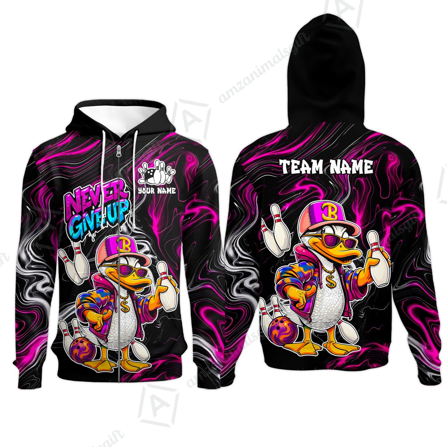 Custom Bowling Jersey Polo Shirt, Duck Never Give Up, Custom Bowling Jersey Team Shirt For Players With Name & Team Name