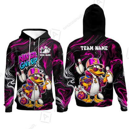 Custom Bowling Jersey Polo Shirt, Duck Never Give Up, Custom Bowling Jersey Team Shirt For Players With Name & Team Name