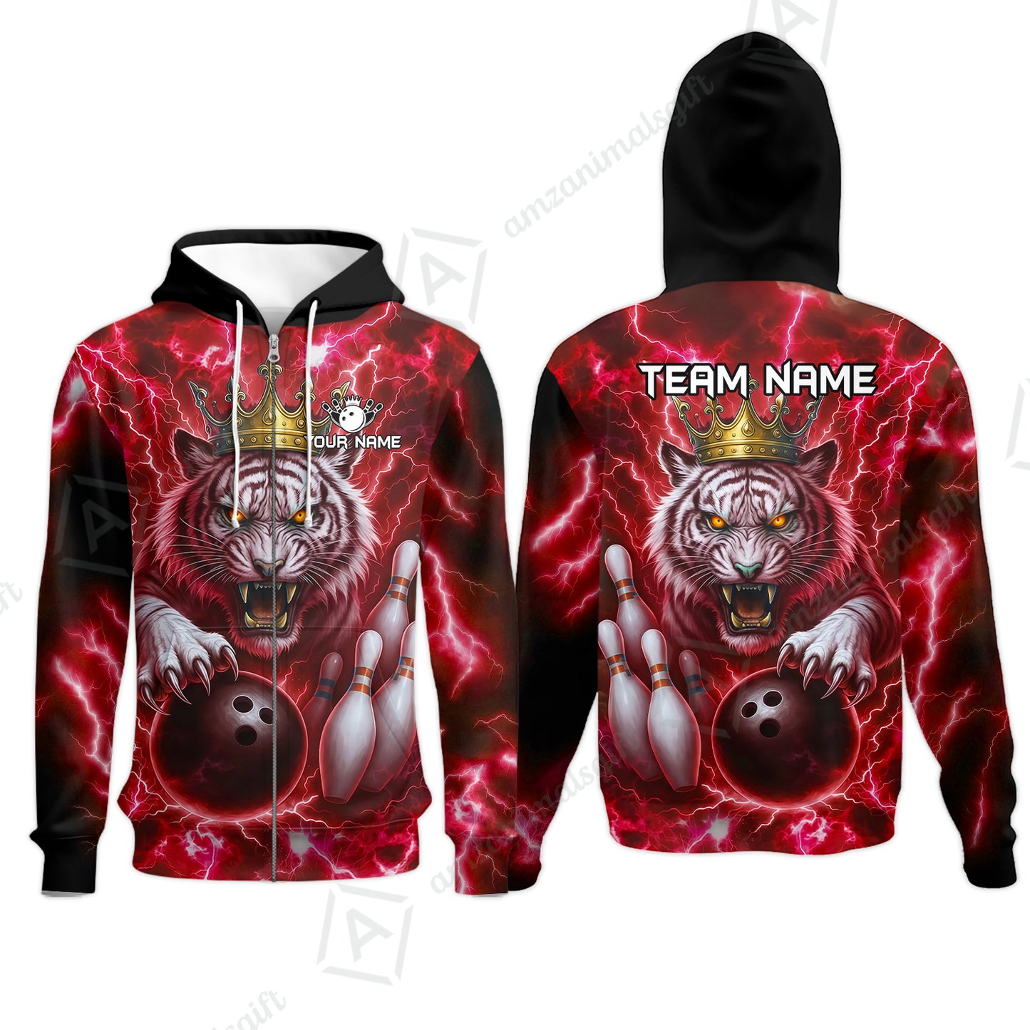 Custom Bowling Team Quarter-Zip Polo Shirt, Bowling White Tiger Lighting Shirt, Personalized Team Shirt with Custom Name