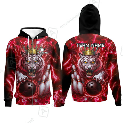 Custom Bowling Team Quarter-Zip Polo Shirt, Bowling White Tiger Lighting Shirt, Personalized Team Shirt with Custom Name