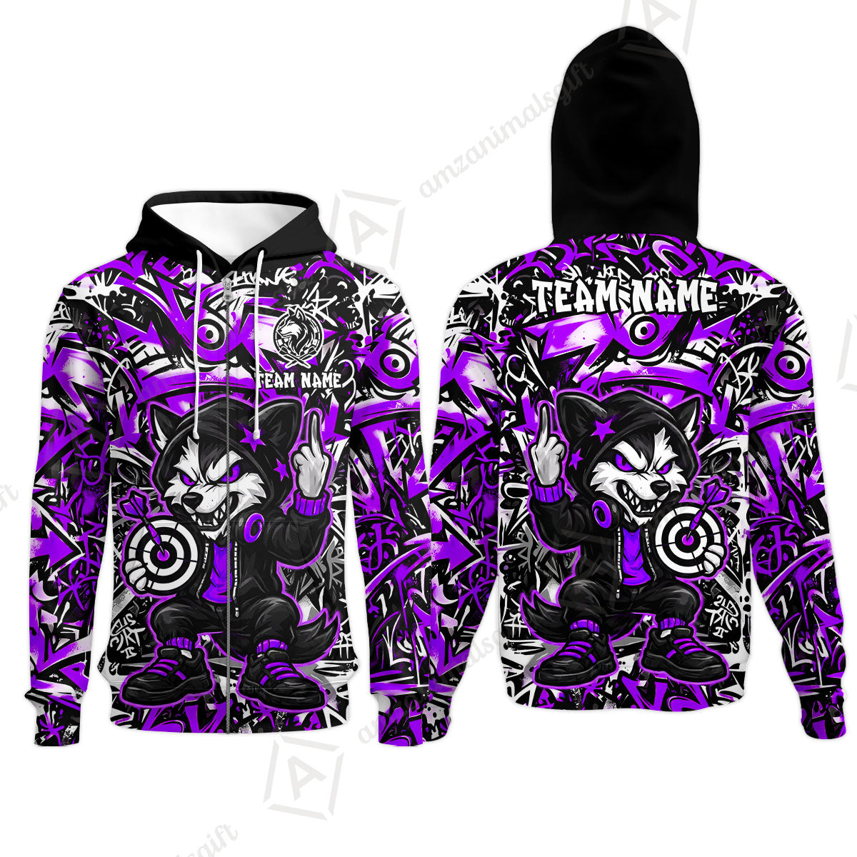 Customized Darts Team Uniform Shirt, Cool Cartoon Wolf With Dartboard, Personalized Name And Team Name