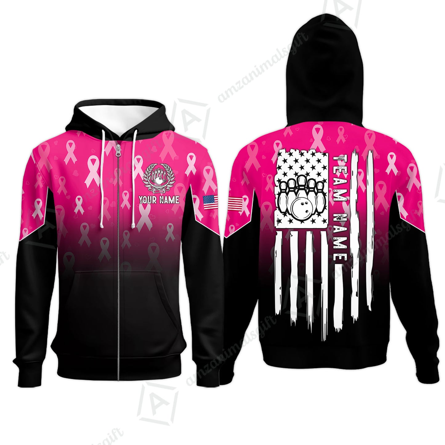 Custom Bowling Jersey Polo Shirt, Ribbon Breast Cancer Awareness Flag, Custom Bowling Jersey Team Shirt For Players With Name and Team Name