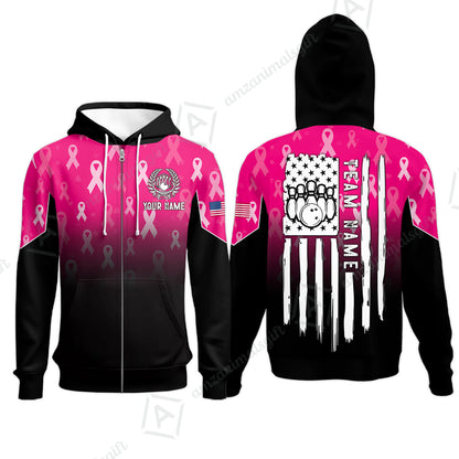 Custom Bowling Jersey Polo Shirt, Ribbon Breast Cancer Awareness Flag, Custom Bowling Jersey Team Shirt For Players With Name and Team Name