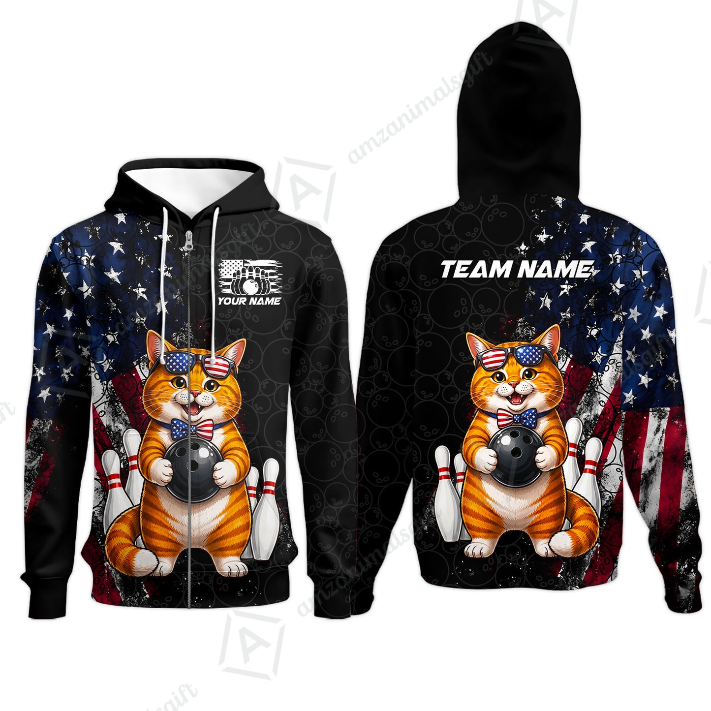 Custom Bowling Jersey Polo Shirt, Cat With Glasses And Bow Tie Bowling Pattern America Flag, Personalize Name and Team Name