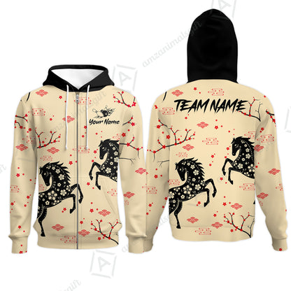 Customized Bowling Unisex Polo Shirt, Floral Pattern Horse Cherry Blossom, Bowling Uniform - Personalized Name Team Name
