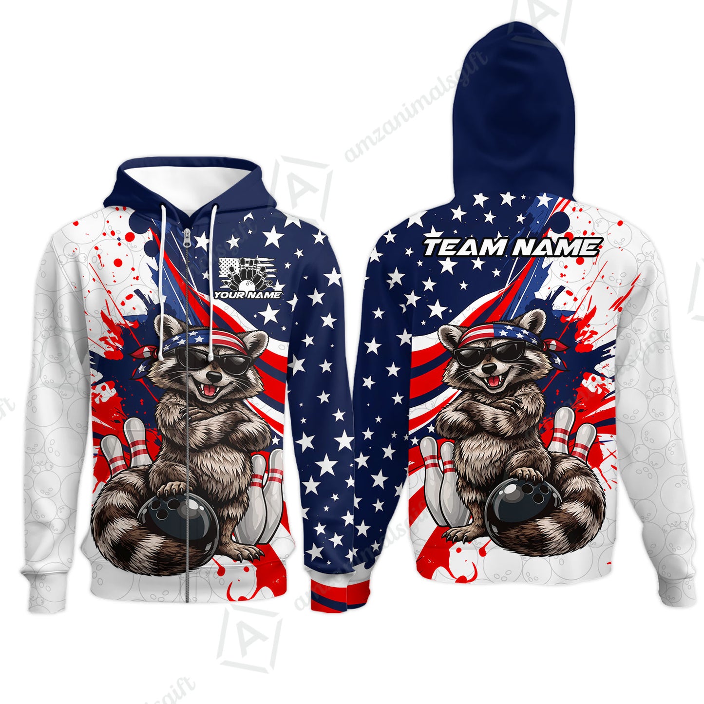 Custom Bowling Jersey Polo Shirt, Patriotic Cool Raccoon Mascot, Custom Bowling Jersey Team Shirt For Players With Name and Team Name