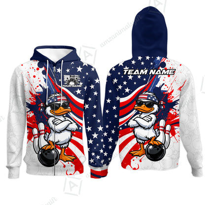 Custom Bowling Jersey Polo Shirt, Patriotic Cool Duckling Mascot, Custom Bowling Jersey Team Shirt For Players With Name and Team Name