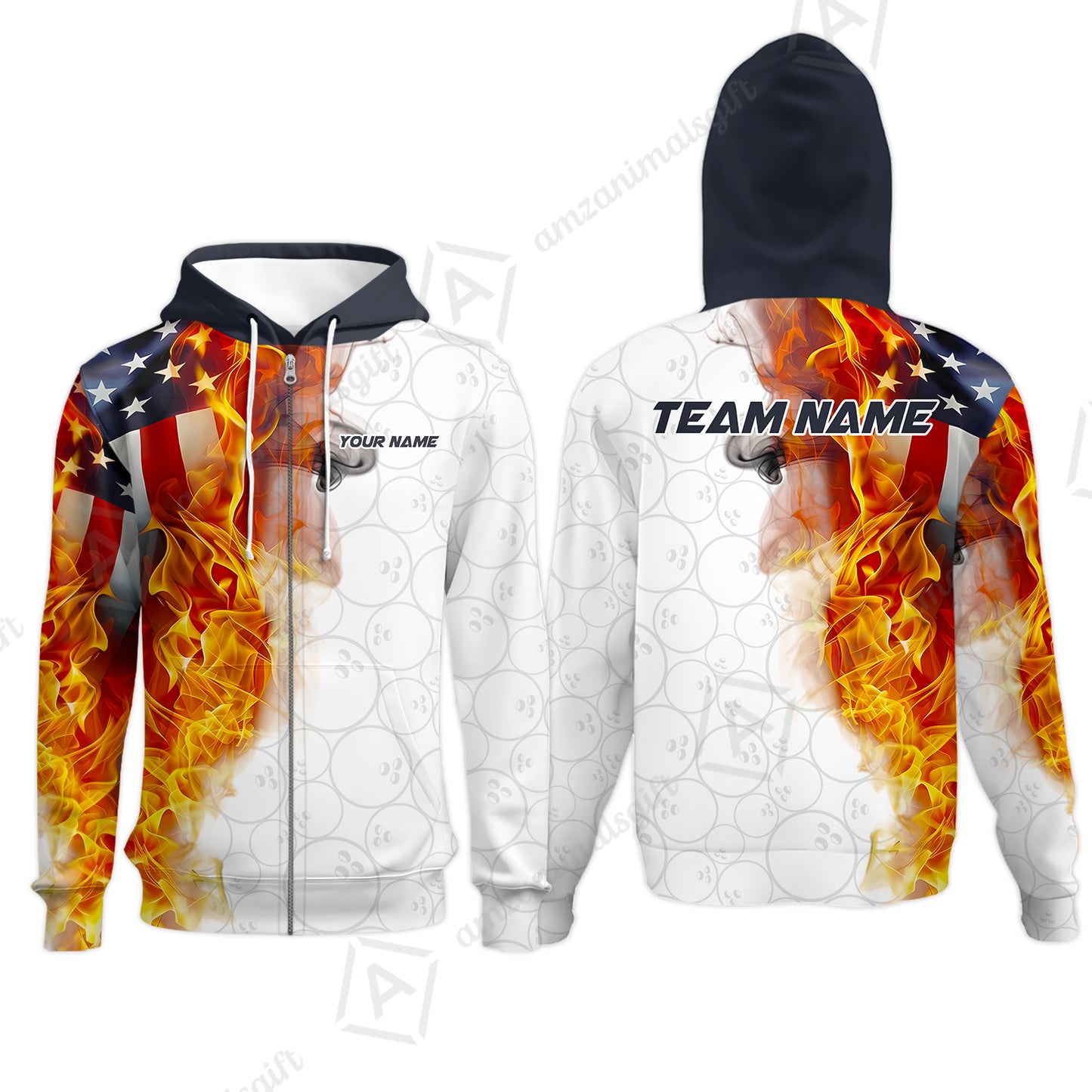Custom Bowling Jersey Polo Shirt, Flaming USA Flag Graphic Bowling, Custom Bowling Jersey Team Shirt For Players With Name & Team Name