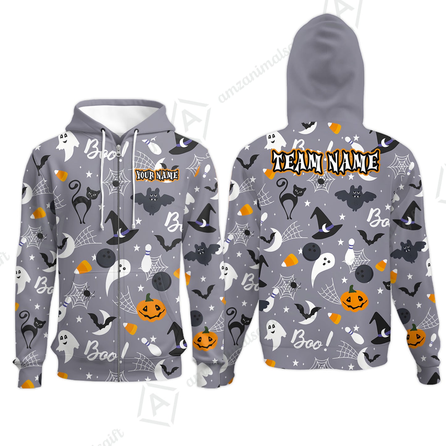 Customized Bowling Shirt, Halloween Pattern Bowling And Pin Boo Cat Ghost Bat Pumpkin, Personalized Polo Shirt For Players With Name & Team Name