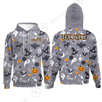Customized Bowling Shirt, Halloween Pattern Bowling And Pin Boo Cat Ghost Bat Pumpkin, Personalized Polo Shirt For Players With Name & Team Name