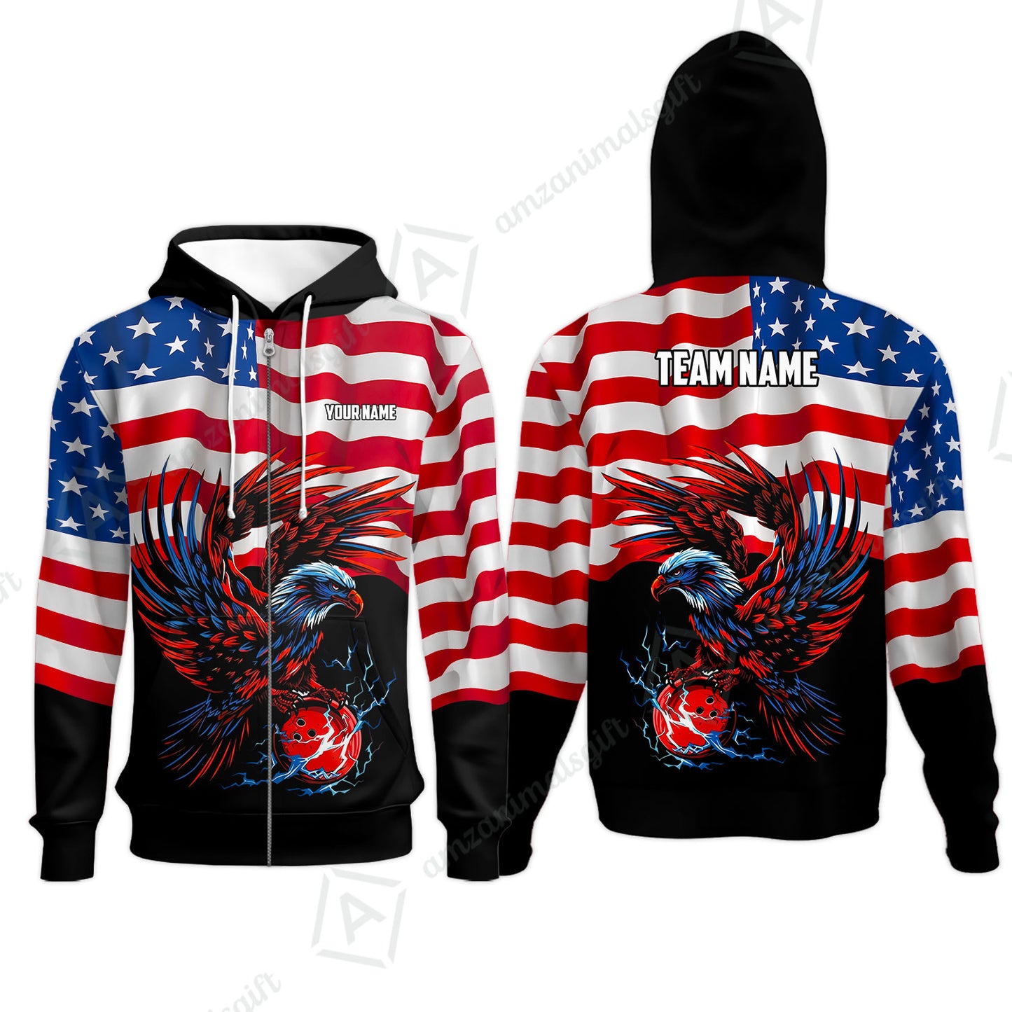 Custom Bowling Jersey Polo Shirt, Eagle America Flag Bowling Thunder, Custom Bowling Jersey Team Shirt For Players With Name and Team Name