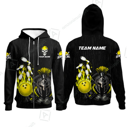 Custom Bowling Jersey Polo Shirt, Fire Bowling Knight Rain Skull Logo, Personalize Name & Team Name