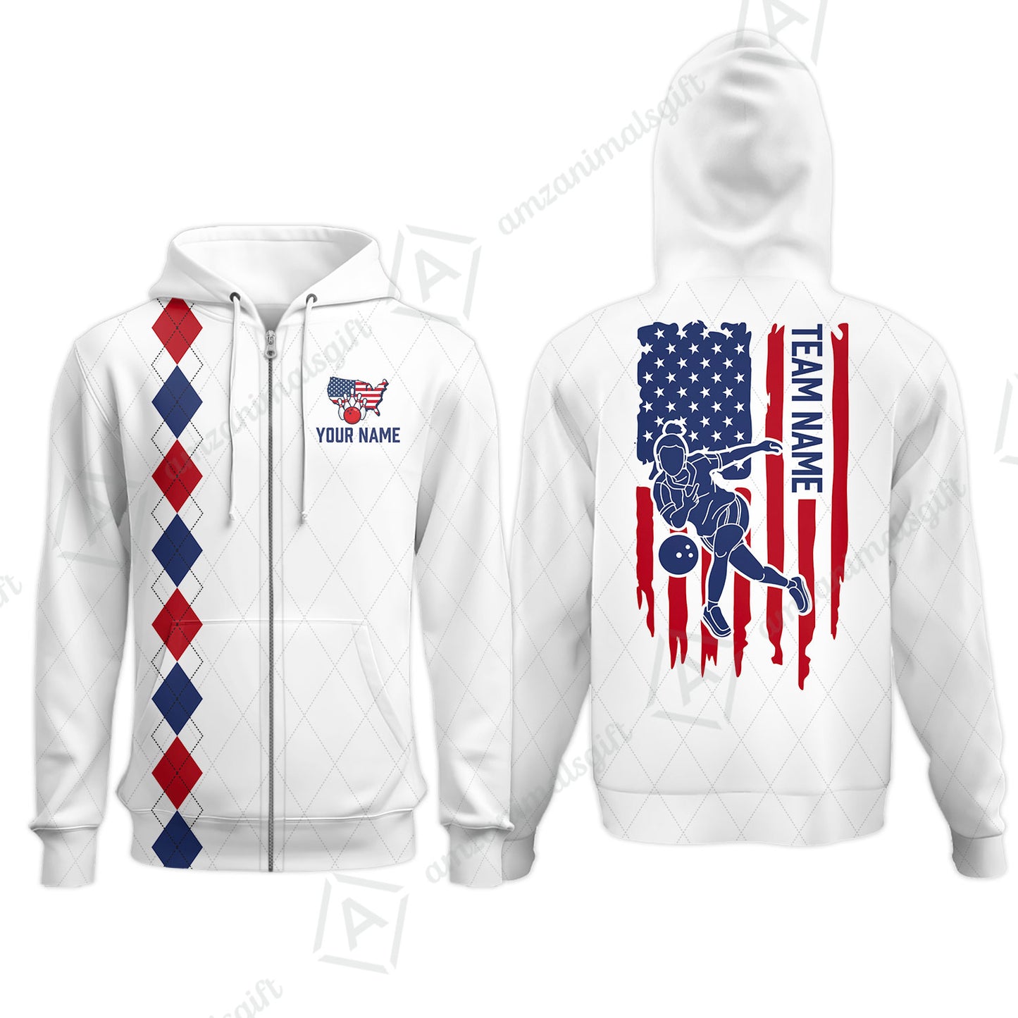 Custom Bowling Jersey Polo Shirt, Patriotic Argyle USA Flag Bowler, Custom Bowling Jersey Team Shirt For Players With Name & Team Name