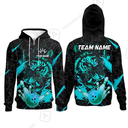 Customized Bowling Unisex Polo Shirt, Tiger Ball Striking Pins, Bowling Uniforms, Personalized Name And Team Name