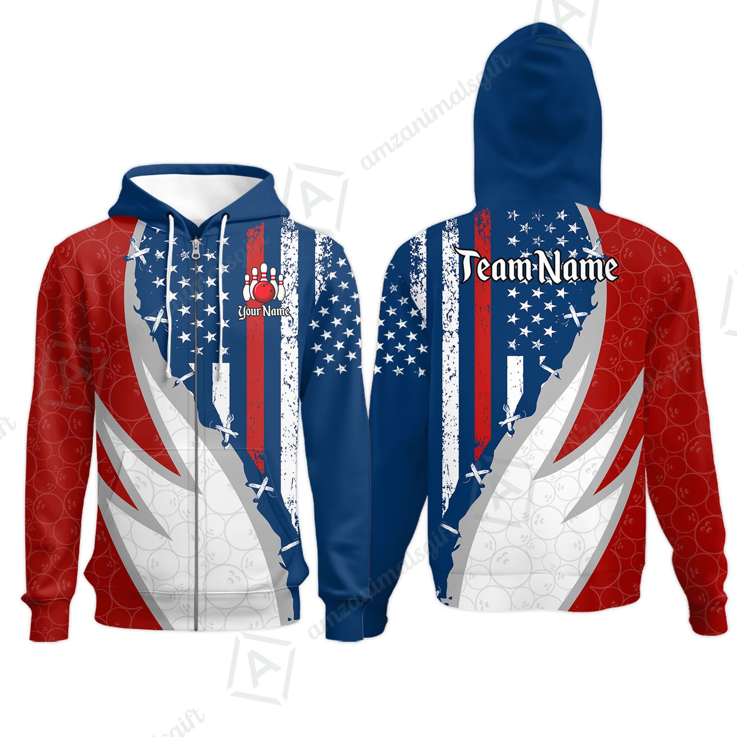 Custom Bowling Jersey Polo Shirt, Thin Red Line With Vintage Distressed American Flag, Personalize Name and Team Name