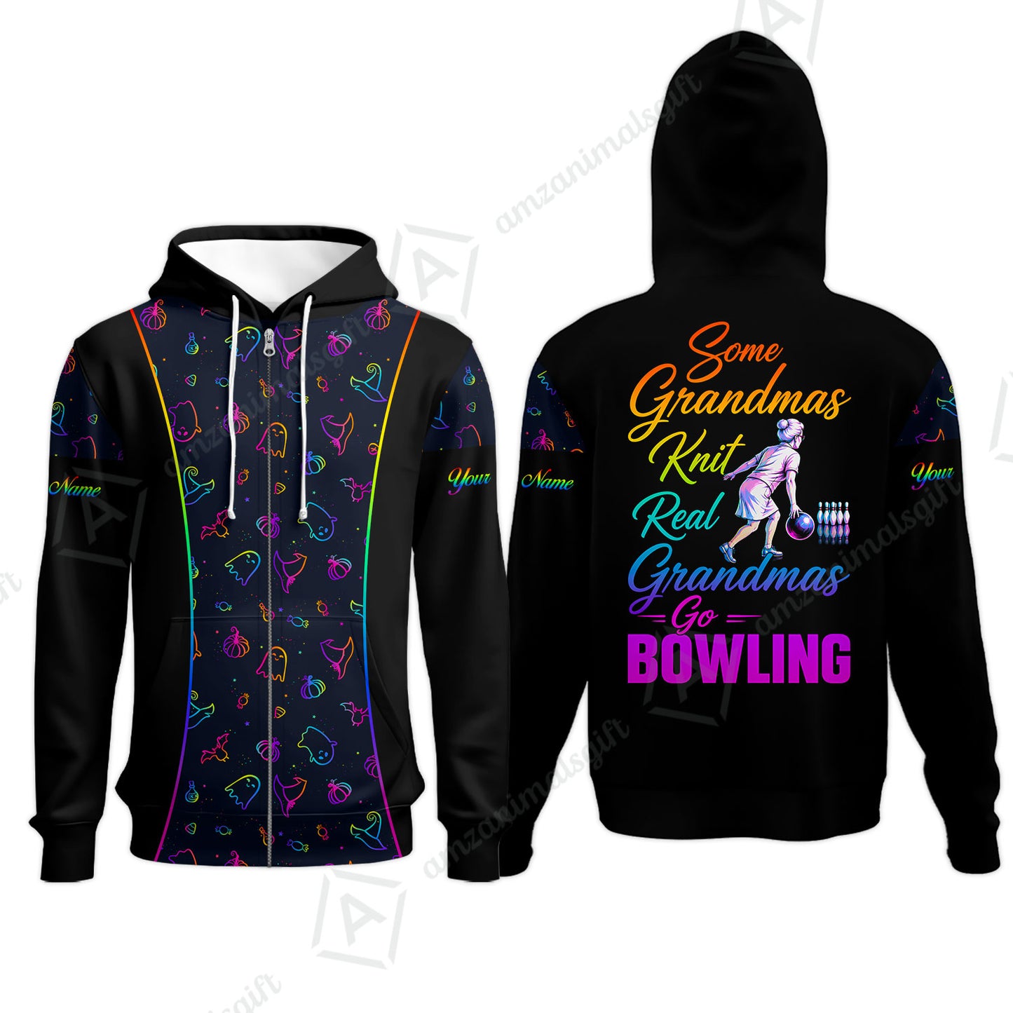 Custom Bowling Jersey Polo Shirt, Some Grandmas Bowl Real Grandmas Play Bowling Halloween Rainbow Pattern, Personalized Name And Team Name