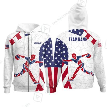 Custom Bowling Jersey Polo Shirt, Patriotic Bowler Silhouette Stars and Stripes, Custom Bowling Jersey Team Shirt For Players With Name and Team Name