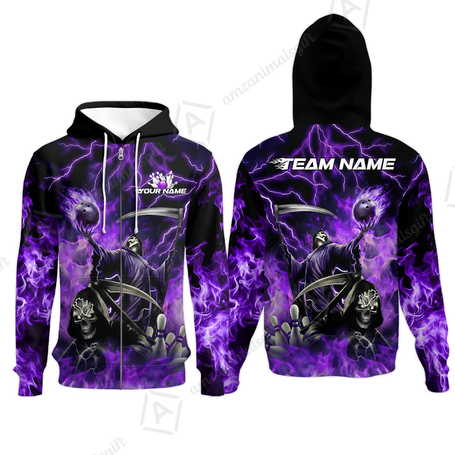 Custom Bowling Team Quarter-Zip Polo Shirt, Grim Reaper Skull With Flame Bowling Lightning Design for Bowlers, Personalized Shirt with Name and Team Name