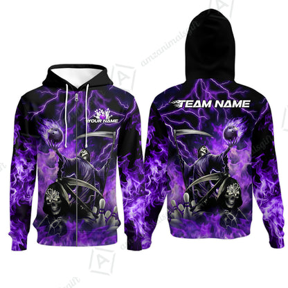 Custom Bowling Team Quarter-Zip Polo Shirt, Grim Reaper Skull With Flame Bowling Lightning Design for Bowlers, Personalized Shirt with Name and Team Name